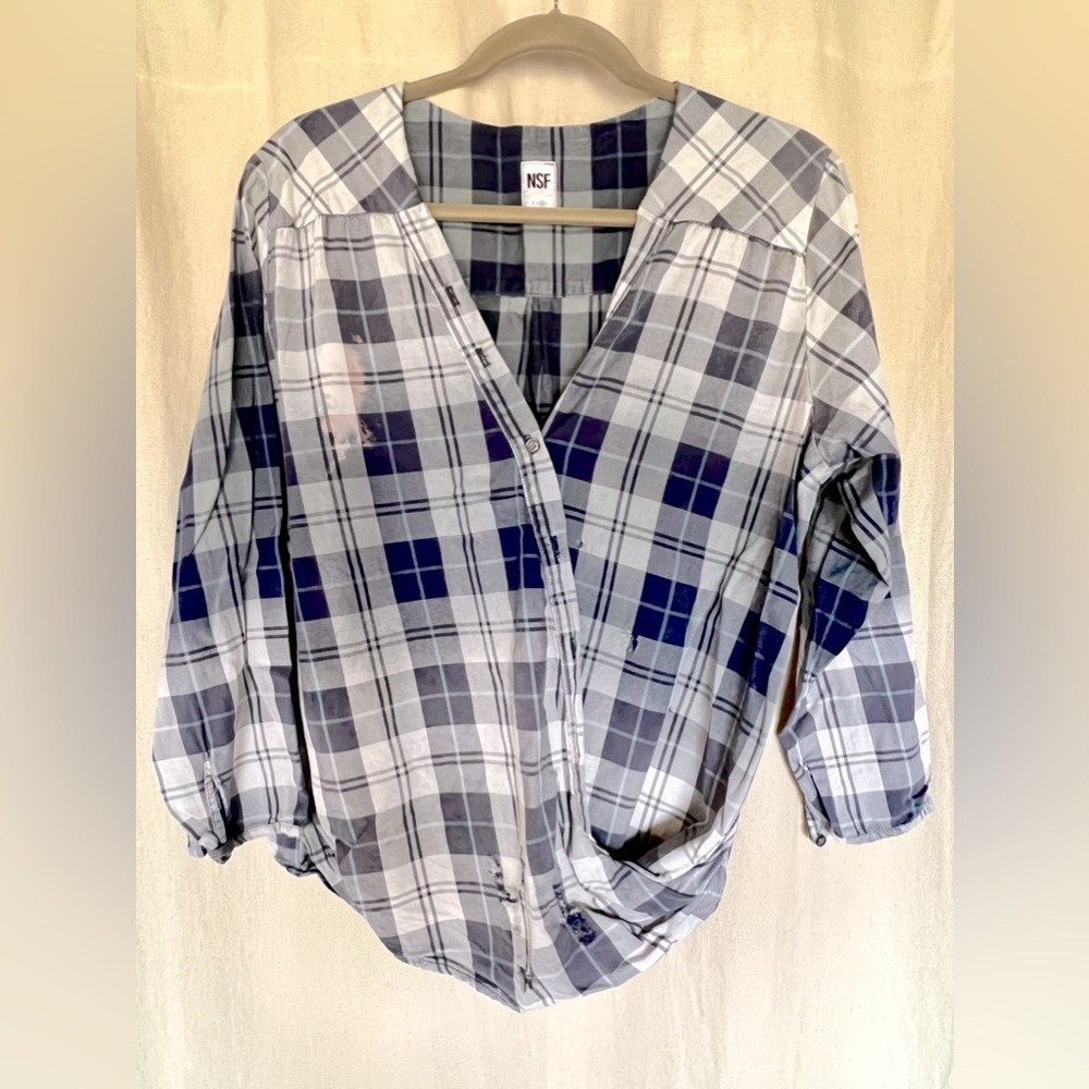 PRICE DROP! NSF Distressed Blue Plaid Drape Front Shirt